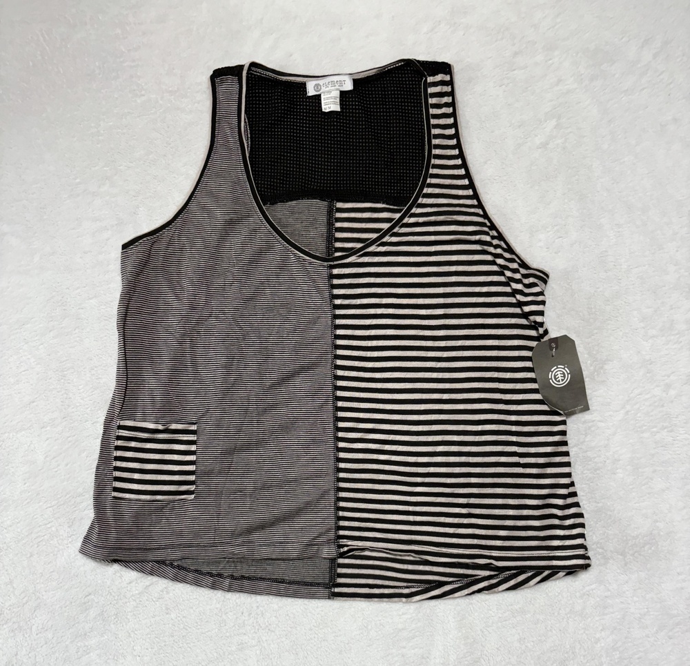 Element Tank Top Womens Medium Black Off-White Striped Pocket Mesh Panel New